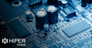 A close-up of motherboard, tinted with blue - including the HIPER Global logo