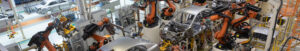 Automated robotic machinery on a car production line